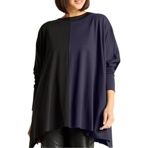 PLANET by Lauren G Pima Cotton Two Tone Crew Swing  Tee Black Midnight OS
